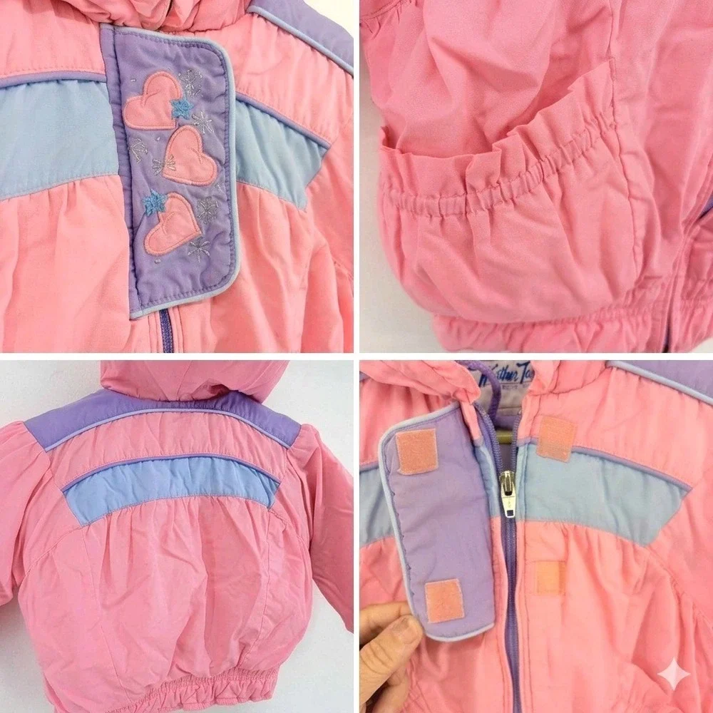 Vintage 80s Weather Tamer Girls Pink Hooded Puffer Jacket Heart Embroidery 12M